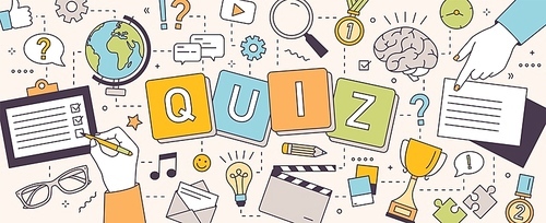 Horizontal banner with hands of people solving puzzles or brain teasers and answering quiz questions. Team intellectual game to test intelligence or intellect. Vector illustration in line art style.