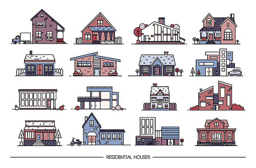 Line art residential house collection. Colorful vector illustration. Set of flat style.