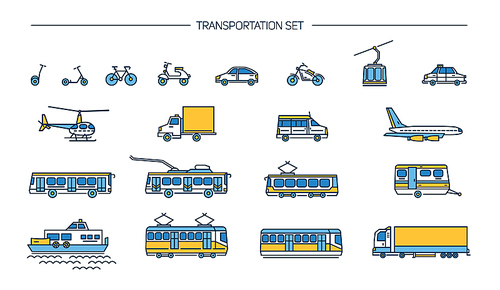 Collection with bike, bus, trolley, subway, train, car, airplane, scooter, funicular, tram, plane, boat Lineart icon set with ground transport aviation and water transportation on white background
