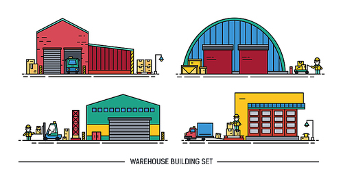 Set of warehouse buildings of different shape with freight transport. Isometric. Colorful. Lineart.