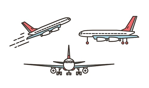 Modern airplane, passenger plane, airliner or jumbo jet taking off or ascending and standing on ground isolated on white . Front and side views. Vector illustration in line art style.