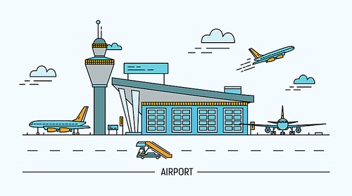 Airport, aircraft. Lineart colorful vector illustration with air terminal and airplanes