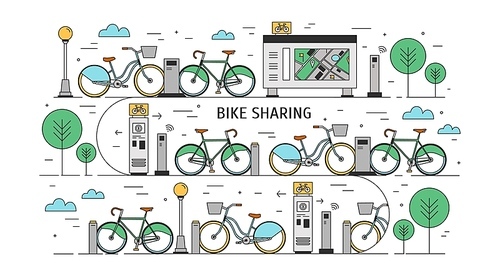 Bicycles available for rent parked at docking stations on city street, payment terminals, map stand and trees. Concept of public bike sharing scheme. Colorful vector illustration in line art style.