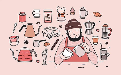 Man with beard wearing hat and apron surrounded by desserts, spices and tools for coffee brewing - french press, moka pot, turkish cezve, kettle with long spout. Vector illustration in line art style