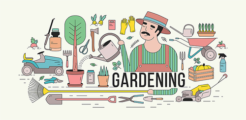 Horizontal banner with gardener in hat watering potted tree surrounded by gardening and agriculture equipment, tools, garden plants and vegetables. Colorful vector illustration in line art style