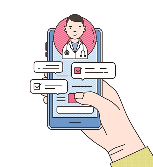 Hand holding smartphone with internet chat with doctor, therapist or physician on screen. Online medical advise or consultation service. Colorful vector illustration in modern line art style
