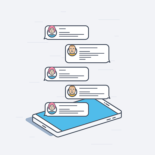 Isometric mobile phone with chat messages, notifications concept. Colorful modern vector illustration