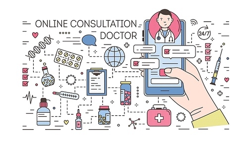Hand holding smartphone with internet chat with doctor on screen against pills and medicines on background. Medical online consultation. Colorful banner in line art style. Vector illustration.