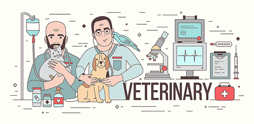 Horizontal banner with medical equipment and two smiling veterinarians holding domestic animals. Pair of friendly vets with pets. Colorful vector illustration for veterinary clinic advertisement