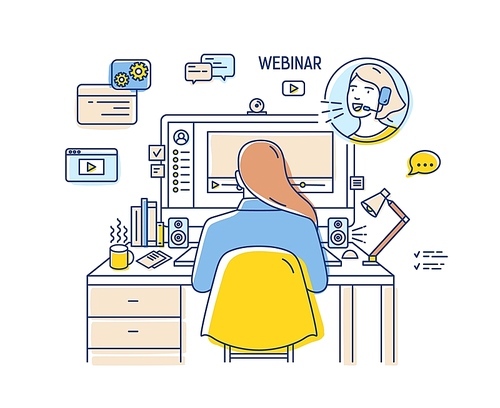 Girl sitting at desk with computer and watching or listening to webinar, internet lecture, video podcast. Back view. Self education online. Colored vector illustration in modern linear style