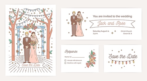 Collection of Save The Date card, wedding party invitation and response note templates with cartoon bride and groom on white background. Colorful vector illustration for in modern line art style
