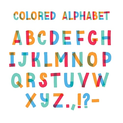 Latin font or decorative english alphabet made of colorful adhesive tape. Set of bright colored stylized letters arranged in alphabetical order and isolated on white . Vector illustration.