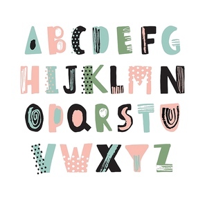 Funky latin font or childish english alphabet hand drawn on white background. Colorful textured letters decorated with dots and scribble and arranged in alphabetical order. Vector illustration