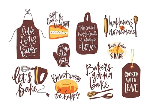 Bundle of lettering written with calligraphic font and decorated with kitchenware for baking and baked food. Set of inscriptions and tools for homemade pastry preparation. Vector illustration.