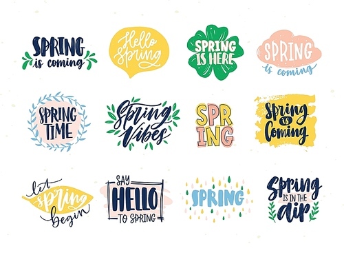 Collection of spring slogans or phrases written with creative fonts and decorated by springtime natural elements. Set of handwritten letterings isolated on white . Vector illustration