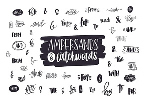 Set of various handwritten ampersands, conjunctions, prepositions and articles. Collection of elegant hand lettering design elements, words isolated on white background. Vector illustration.