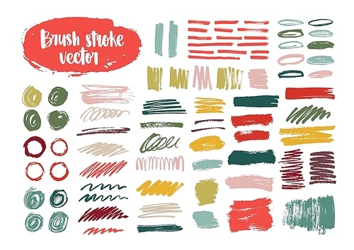 Collection of colorful brush strokes, paint traces, smudges, smears, stains, scribble isolated on white . Set of bright colored hand drawn design elements. Modern vector illustration.