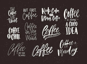 Collection of coffee lettering isolated on dark background. Set of quotes and phrases handwritten with various calligraphic fonts. Bundle of written elements or inscriptions. Vector illustration.