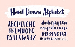 Stylish hand drawn english alphabet. Collection of upper and lower case letters arranged in alphabetical order, figures and symbols handwritten with calligraphic font. Modern vector illustration.