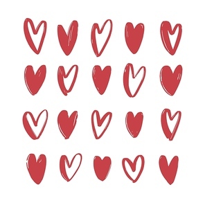 Collection of various red hand drawn hearts isolated on white background. Bundle of love, romance and passion symbols for Valentine's day. Set of romantic design elements. Colored vector illustration.
