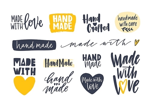 Collection of Hand Made inscriptions for labels or tags for handcrafted goods. Set of elegant lettering handwritten with various calligraphic fonts isolated on white . Vector illustration.