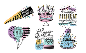 Cute happy birthday greetings inscriptions design collection. Colorful hand drawn lettering vector illustration set on white background