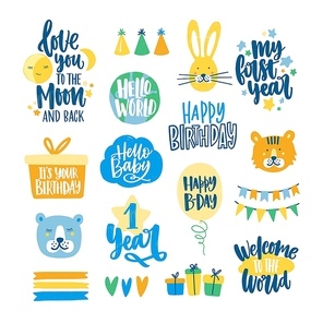 Collection of childish lettering written with beautiful calligraphic fonts decorated with funny cartoon design elements. Bundle of decorative birthday wishes for kids. Colorful vector illustration