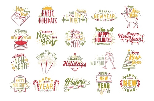 Collection of Happy New 2019 Year lettering handwritten with elegant calligraphic fonts and decorated with festive elements - baubles, deers, fir tree, gift, snow globe. Holiday vector illustration.
