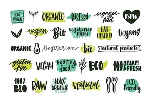 Collection of organic labels with handwritten lettering for natural and eco products, healthy vegetarian food. Set of tags isolated on white background. Colored hand drawn vector illustration