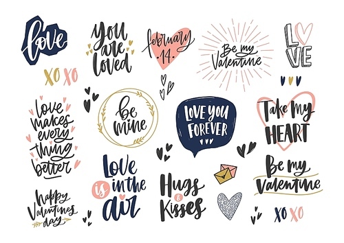 Collection of stylish Valentine's day letterings with various phrases, quotes and holiday wishes decorated by hearts isolated on white . Colorful modern festive vector illustration.
