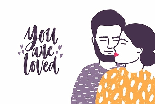 Bearded man embracing woman and You are loved romantic slogan written with cursive font. Cuddling boy and girl and handwritten inscription. Flat vector illustration for 14 February greeting card