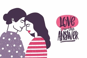 Romantic couple on date and Love Is The Answer phrase written with cursive font. Hugging boyfriend and girlfriend and handwritten lettering. Vector illustration for St. Valentine's Day greeting card