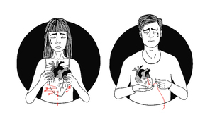 Sad and suffering man and woman loss of love. broken heart concept. hand drawn illustration.