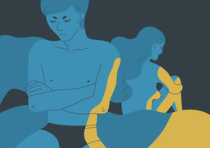 Angry naked man and woman sitting turned away one another on opposite sides of bed. Concept of sexual problem between spouses, emotional disconnection in married couple. Colorful vector illustration.