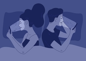 Pair of man and woman lying turned away one another in bed and surfing internet on their smartphones. Concept of sexual or intimate problem between romantic partners. Colorful vector illustration.