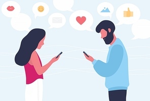 Male and female cartoon characters chatting or texting on their smartphones. Young romantic couple sending messages to each other. Internet or online communication. Flat colorful vector illustration