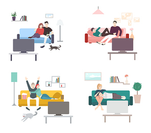 Set of a couple watches TV. Flat colorful illustration. People, men and women in living room, leisure