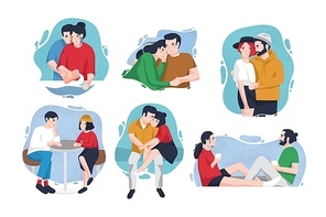 Collection of portraits of happy couples in love inside colorful blots. Lovers in various situations - hugging, sitting at table, drinking coffee. Cute flat cartoon characters. Vector illustration.