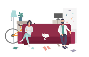 Divorce, family quarrel. Couple on the couch turning away from each other. flat colorful illustration