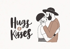 February 14 greeting card or postcard template with pair of embracing young stylish man and woman dressed in trendy clothes and Hugs and Kisses inscription on light background. Vector illustration.
