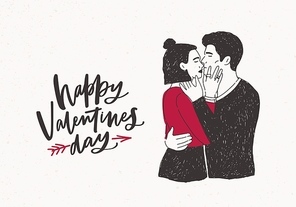 Greeting card template with pair of hugging and kissing hipster boy and girl or passionate lovers and Happy Valentine's Day wish pierced by arrow on light background. Hand drawn vector illustration.