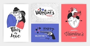 Collection of Valentine's day greeting card, party invitation or flyer templates with hand drawn kissing young couple, anatomical heart and inscriptions. Colorful trendy festive vector illustration.