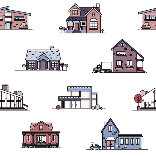 Seamless pattern with suburban houses on white background. Backdrop with living or residential buildings of various architecture. Vector illustration in line art style for wallpaper, textile