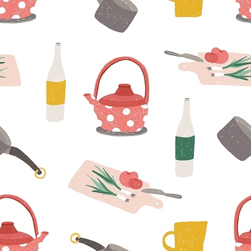 Seamless pattern with colorful kitchen utensils, cookware, tools for food processing, meals preparation or home cooking on white background. Vector illustration for wallpaper, textile , backdrop.