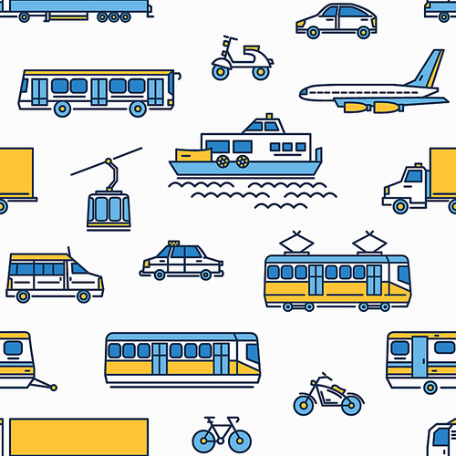 Seamless pattern with transport of different types on white background
