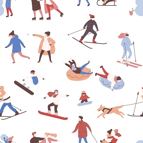 Seamless pattern with men, women and kids performing winter activities.Backdrop with people dressed in outerwear skiing, ice skating, snowboarding, playing hockey. Seasonal flat vector illustration