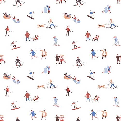 Seamless pattern with men, women and children performing winter outdoor activities. Backdrop with people skiing, snowboarding, ice skating, playing hockey, building snowman. Flat vector illustration