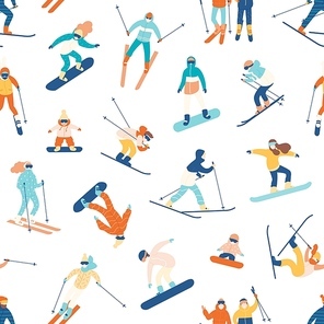 Seamless pattern with skiing and snowboarding people on white background. Backdrop with men, women and children performing winter outdoor sports activities. Colorful flat cartoon vector illustration