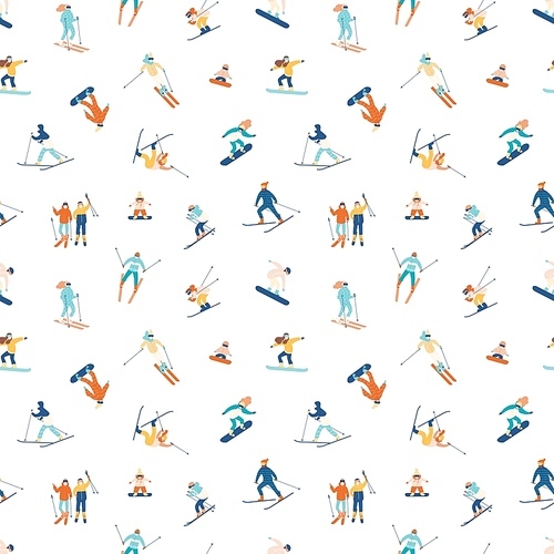 Seamless pattern with adults and children in winter snow suits snowboarding and skiing. Backdrop with male and female cartoon ski and snowboard riders. Flat cartoon vector illustration for wallpaper