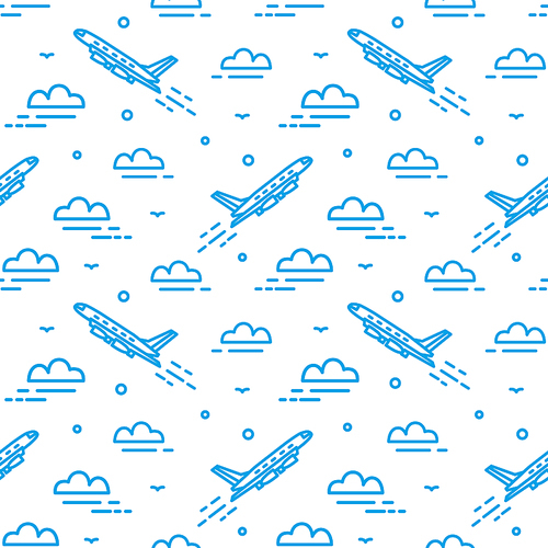 Modern seamless pattern with airplane flying in sky. Backdrop with plane ascending among clouds drawn with lines. Vector illustration in lineart style for wallpaper, wrapping paper, textile